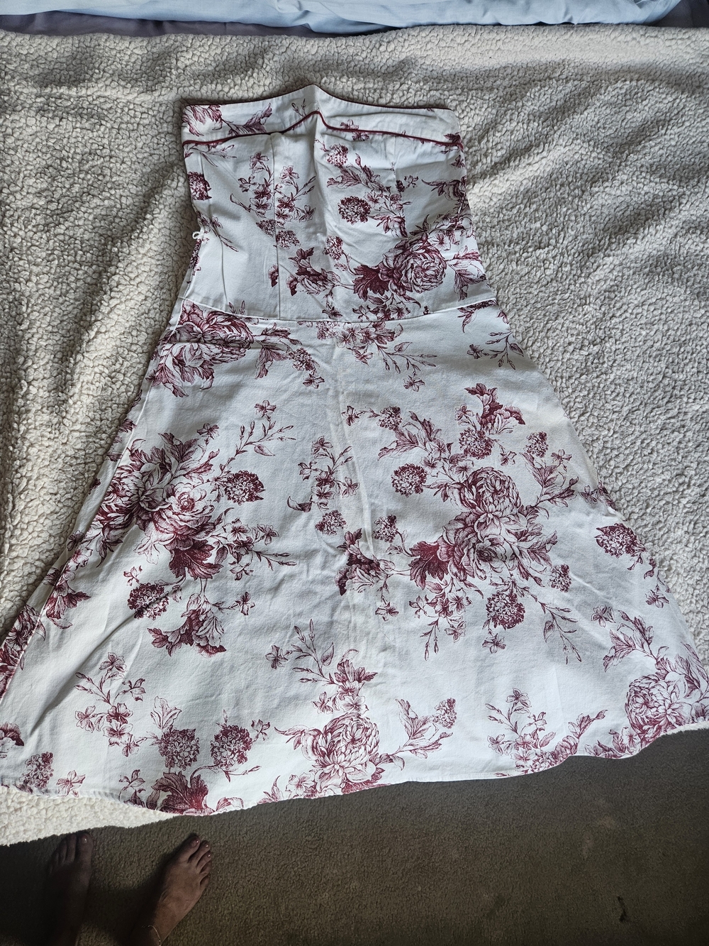 Teeze Me White Strapless Floral Dress with Burgundy Print